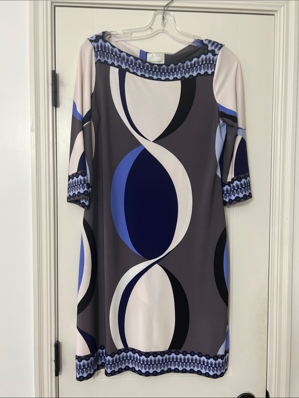 Donna Morgan Blue, Navy and Cream Geometric Long Sleeve Dress
